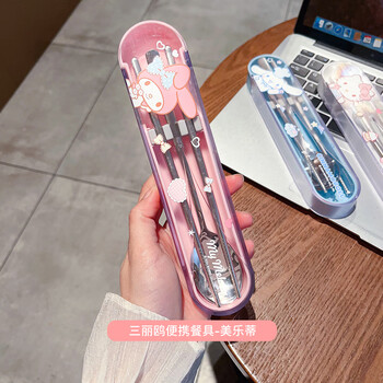 Miss yoka sanrio spoon and chopsticks set for home cute children's stainless steel portable tableware for office workers to learn melody stainless steel portable chopsticks and spoons