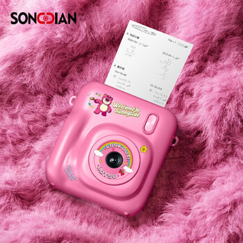Songdian inkless printing polaroid camera strawberry bear collaboration front and back dual camera digital camera dc506 pink official standard + 32g memory free 4 rolls of printing paper