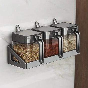 Yamiji condiment seasoning box storage rack combination set seasoning jar bottle storage rack home kitchen wall hanging salt shaker seal four-piece set 3 black seasoning jars + gun ash storage rack