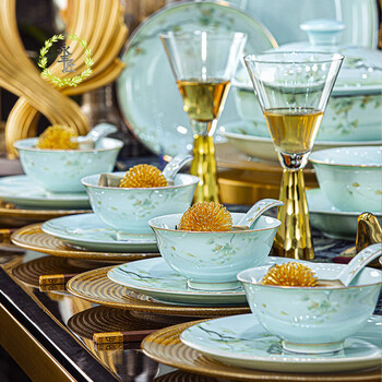 Yongfeng craftsman jingdezhen celadon tableware housewarming gift new home high-end dishes set wedding gift high temperature porcelain bowl set celadon chen baojin boxed lead-free and cadmium-free 60 pieces