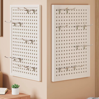 Wooden lattice hole board storage rack entrance door rear porch wall punching board living room wall stainless steel storage display hanging board warm white with frame thickened version 100*200