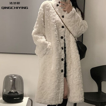 Qingchiying (qingchiying) lamb wool coat women's long coat over the knee autumn and winter new style thickened versatile rabbit fur thickened loose stand-up collar off-white l recommended weight 121-140 pounds