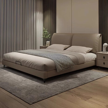 Wufan 2025 new elephant ear leather bed italian light luxury master bedroom king bed modern simple double high leg wedding bed single bed first layer cowhide 1.8*2 meter frame bed 15cm silent bed board