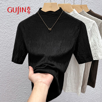 Gujin inner wear women's mid-sleeve solid color dark pattern sweater half turtleneck short-sleeved women's 2025 new bottoming shirt top