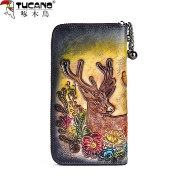 Woodpecker (tucano) first-layer cowhide women's wallet, fashionable embossed genuine leather small clutch, long zipper wallet, retro personalized clutch, retro black