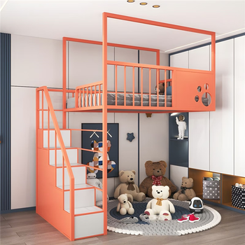Yishangjie loft bed space-saving duplex second floor bed sheet upper iron frame bed and lower bunk children's loft bed pink princess bed orange high guardrail left ladder package installation 1000mm*2000mm