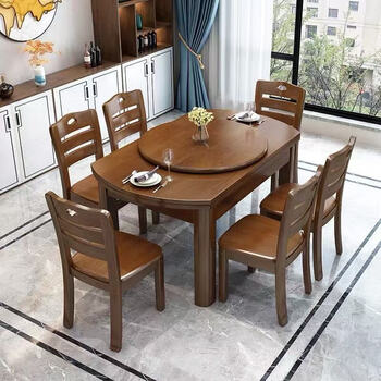 All solid wood dining table and chairs retractable and foldable modern simple retractable and foldable small household variable round table dining table walnut color 1.2m single table without chairs comes with turntable package for installation