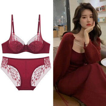 Victoria palace sexy bra, comfortable french thin embroidered lace underwear, big breasts look small, benmingnian red bra set, burgundy set, 70a/32 with s size underwear