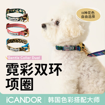 Icandor korean imported neon double ring collar dog walking collar harness comfortable and stress-free small and medium-sized dog traction rebel leopard print l neck circumference 36-52cm|width 2.5cm