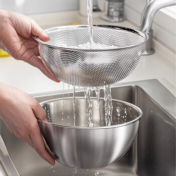 National style stainless steel basin drain basket vegetable basin household egg beater basin and basin kitchen rice washing sieve rice cleaning artifact thickened 25.5cm solid basin + drain basket food grade 304 steel | thickened without deformation