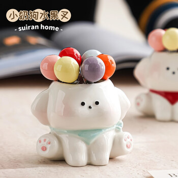 Xiderun puppy fruit fork set, stainless steel dessert fork for living room and coffee shop, storage jar, fruit insert, safe fruit pick, red scarf, puppy tube + mixed fork 6 pieces