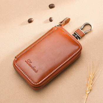 Kuqidaishu car key bag men's genuine leather zipper key bag women's multifunctional card holder creative wallet large retro brown