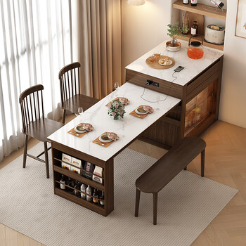 Island table and dining table integrated household retractable bar small apartment multi-functional solid wood color kitchen island table sideboard walnut color 1m island + 1.2m dining table self-installation