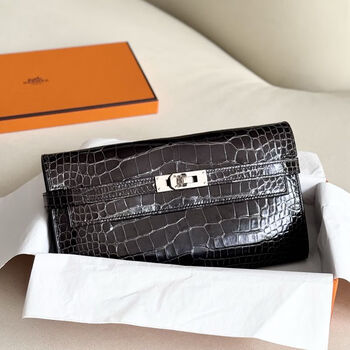 Second-hand 95 new hermes (hermes) kelly long crocodile leather women's wallet graphite gray silver buckle shiny square crocodile c engraved