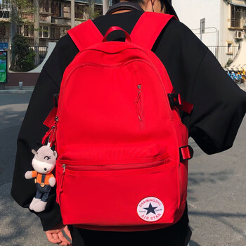 Oukano backpack men's large capacity simple and versatile college student backpack female junior high school and high school student trendy school bag red without ornaments