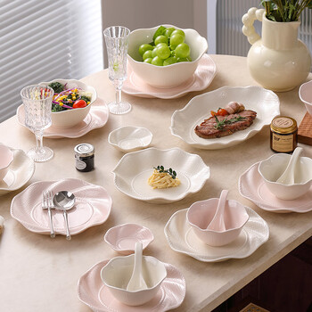 Glohh curved edge cream style bowls and plates tableware set for home 2025 new high-value embossed ceramic bowls and chopsticks housewarming gift cloth textured curved edge-food for four-milk white mixed powder 26-piece set