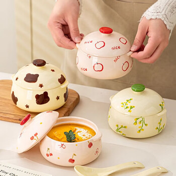 Garson steamed egg bowl with lid, special bowl for steamed egg custard, ceramic household crock pot stew pot, soup cup, baby food supplement small bowl, 5-inch stew pot - green flower - 1 piece