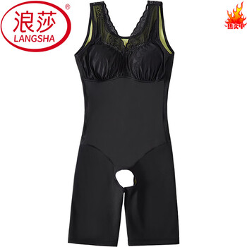 Langsha winter plus velvet one-piece shapewear with chest pads, warm leggings, crotchless tummy control waistband, stomach slimming body suit, black plus velvet style, removable chest pads, m 82-96 pounds