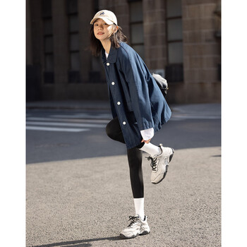 Demana lapel denim jacket autumn calm temperament dark denim blue simple mid-length coat for women