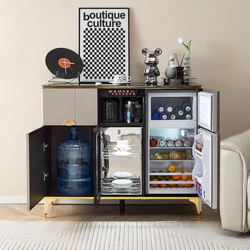 2025 new smart high-end tea bar machine with refrigerator integrated cabinet fully automatic water dispenser for living room and office light luxury gray hot and cold type three doors with refrigerator disinfection 1200*400*980