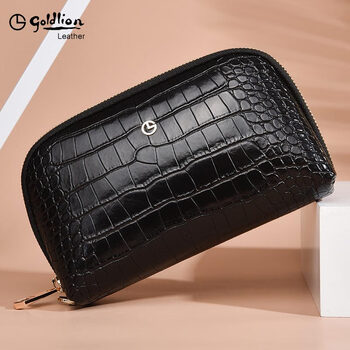 Goldlion g+ goldlion women's bag women's long wallet genuine leather 2025 new fashion handbag clutch summer mom style black fashion crocodile pattern
