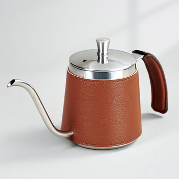 Ershanji hand-brewed coffee pot stainless steel long mouth coffee utensils hanging ear coffee kettle small mini portable hand-brewed coffee pot hand-brewed coffee pot with brown leather 350ml