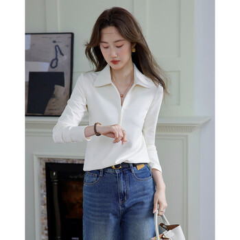 Demana kochi laoqian fan spring cotton elastic half zipper polo collar bottoming shirt comfortable hidden meat women's t-shirt