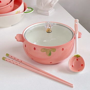 Mu xingyu strawberry ceramic instant noodle bowl ins style cute large capacity double-ear soup bowl with lid student household snail noodle bowl strawberry instant noodle bowl with lid spoon and chopsticks