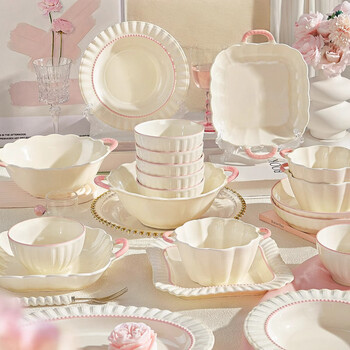 Binshe tableware complete set of household cream-style dishes, cutlery, dishes, chopsticks, wedding gift bowl set, 18-piece food for 4 people with soup bowl, gift box, 18-piece set, free shipping insurance for damaged items