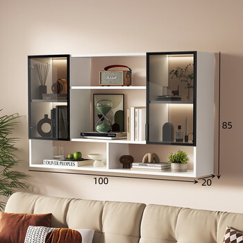 Wall glass door bookshelf storage rack living room wall cabinet sofa decorative cabinet restaurant wall wine cabinet storage cabinet warm white 100 long 85 high 20 deep self-assembled
