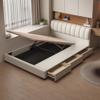 Sumantha ultra-low headboard leather bed can be customized in height for small apartments single double 1.2 meters 1.5 meters first layer cowhide bed drawer air pressure storage bed beech wood rib frame 1.5*2 meters without mattress