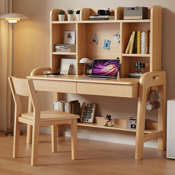 Grubi solid wood desk with bookshelf study table student home desk lifting desk bedroom study office computer desk solid wood color # desk with bookshelf 140cm*60cm*75cm height adjustable