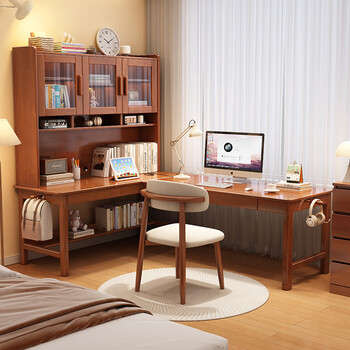Meiyixuan solid wood corner desk bookshelf integrated table middle school student home l-shaped writing desk bedroom corner 7-shaped computer desk walnut color # desk 160x60x186cm auxiliary seat length 120cm