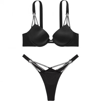Victoria's secret solid color v-shaped comfortable bra low-waisted thong underwear women's black suit (black) xs 32a+(70a+xs)