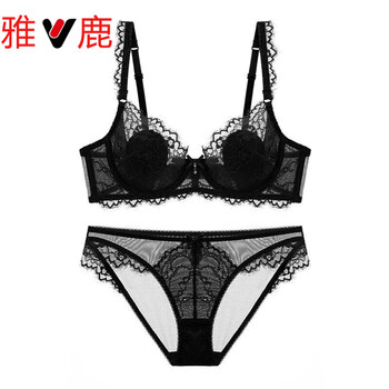 Yalu thin transparent sexy push-up bra women's underwear lace breathable large size bra set temptation black set (double breasted) 32b/70b with s size underwear