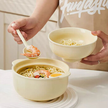Jiwu forest ceramic bowl double-eared bowl instant noodle bowl student dormitory large soup bowl home for one person with covered spoon cream white 800ml