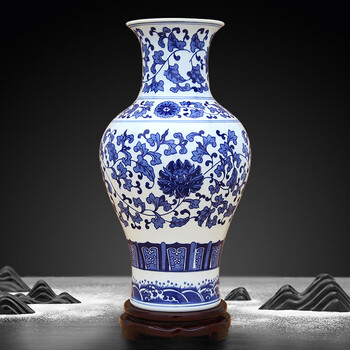 Proud jingdezhen ceramics blue and white porcelain vase handicrafts living room decoration entrance office bogu shelf decoration large blue and white twisted lotus fish tail vase + base + certificate