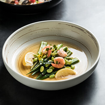 Fumi underglaze japanese-style ceramic plate round plate tableware household soup bowl deep plate cute vegetable plate breakfast plate white brushed deep plate-10 inches