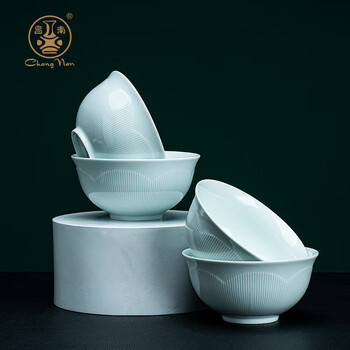 Changnan jingdezhen high temperature shadow blue ceramic solid color 6-inch noodle bowl, bowl, plate and tableware small set gift noodle bowl 4 pieces