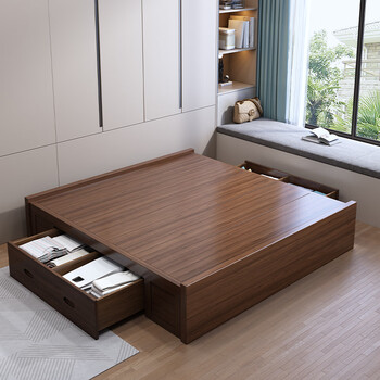 Zhuomu kangchao golden sandalwood tatami bed small apartment bed without bedside solid wood bed frame bed modern simple high box household 1.8*2 meter long box frame double draw structure + full bed board tatami solid wood bed