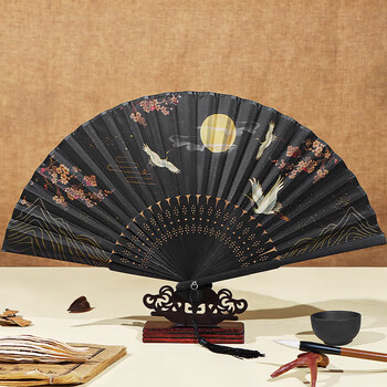 Extreme space fan ancient style folding fan birthday gift hanfu cos photo dance props silk bamboo fan crane huating