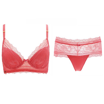 Saimaco lace thin cotton cup with anti-slip buckle side push-up skin-friendly underwear set peach red 75b