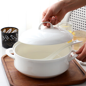 Porcelain knight pure white bone china large soup pot household double ear pot large capacity soup basin with lid ceramic soup bowl 2.3 liter princess soup pot