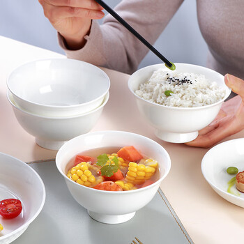 Sky top rice bowl ceramic pure white bone china rice bowl soup bowl anti-scalding tall noodle bowl home hotel tableware 5 inches 4 pieces