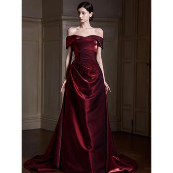 Comex toast wear bridal 2025 new light luxury engagement banquet annual meeting host french one-shoulder evening dress for women burgundy m