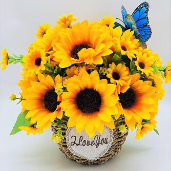 Sunflower bouquet, artificial flowers, artificial flower decorations, living room table, flower pots, green plants, balcony interior decorations, large sunflower + straw pot + butterfly