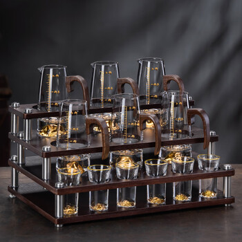 Lugaris walnut handle white wine glass wine dispenser set jinshan household crystal glass chinese style light luxury wine set 6 pots 6 cups three-layer rack wooden handle jinshan wine dispenser + jinshan gold-rim bullet cup