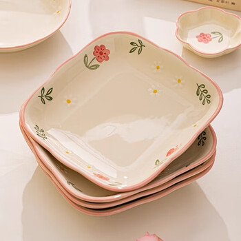 Garson fresh ceramic plate household dish plate 2025 new underglaze color tableware bowls and plates beautiful square plate deep plate 8-inch square plate