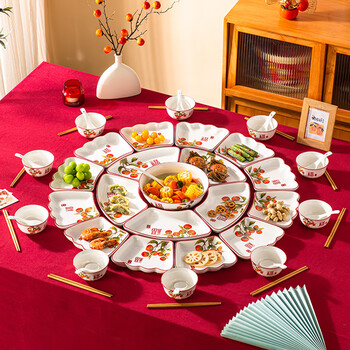 Sumeiji new year's eve dinner round table fan-shaped plate dish plate household festive ceramic reunion platter tableware combination bowl and dish set wanshi ruyi platter 18-piece set