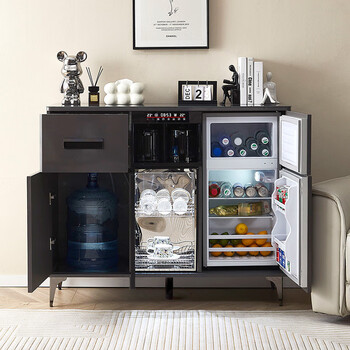 2025 new smart high-end tea bar machine with refrigerator integrated cabinet fully automatic water dispenser for living room and office, high gloss gray, hot and cold type, three doors with refrigerator for disinfection 1200*400*980